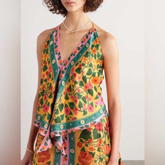 FARM Rio Tops - Farm Rio x Anthropologie Floral Pink Heart Printed Satin Halter Top Shirt sz XS